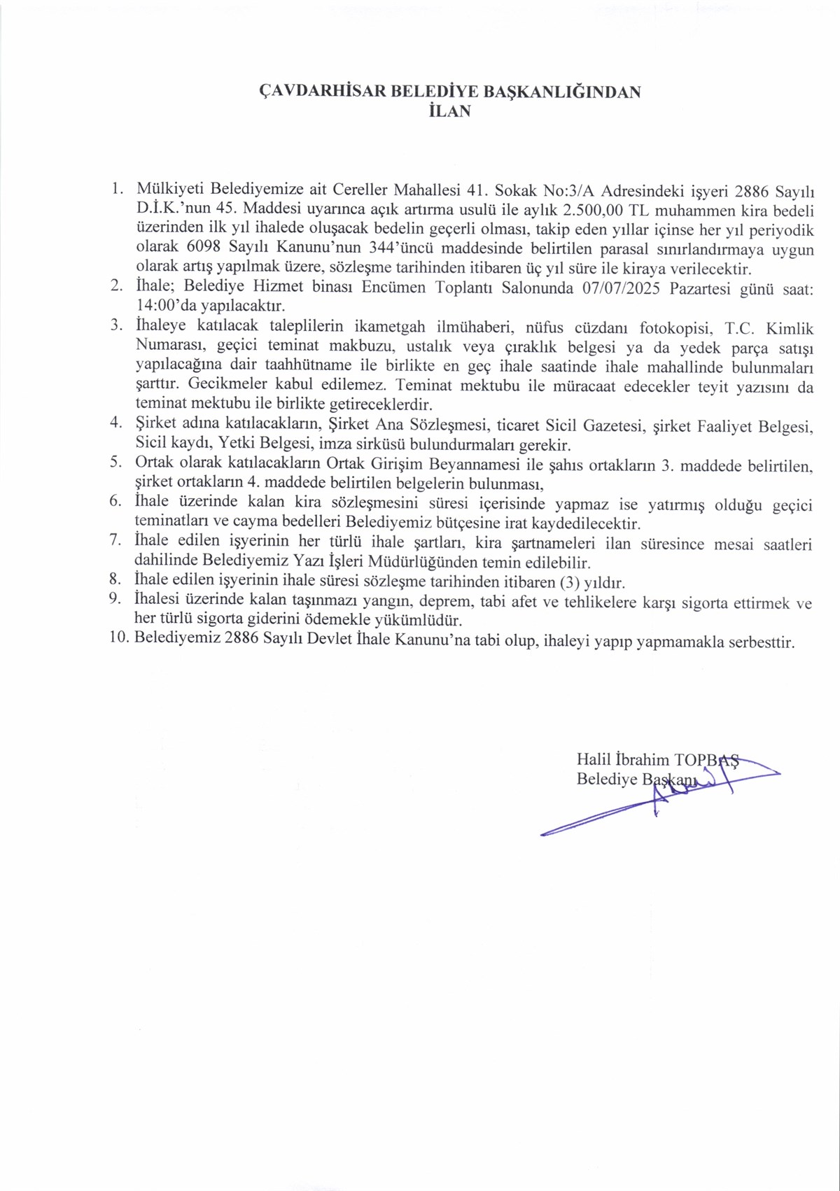 ÇAVDARHİSAR BELEDİYE BAŞKANLIĞINDAN İHALE İLANI