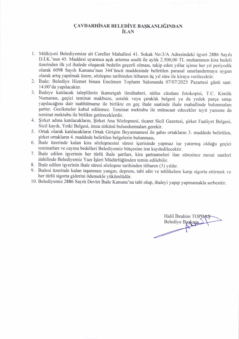 ÇAVDARHİSAR BELEDİYE BAŞKANLIĞINDAN İHALE İLANI